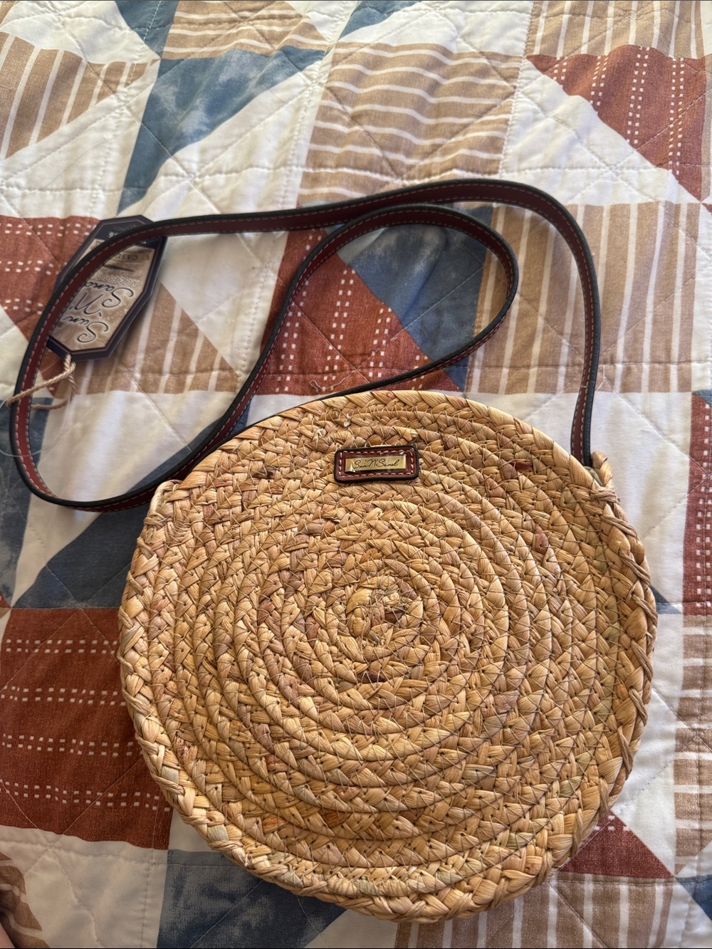 Straw Circle Crossbody Bag with Brown Trim